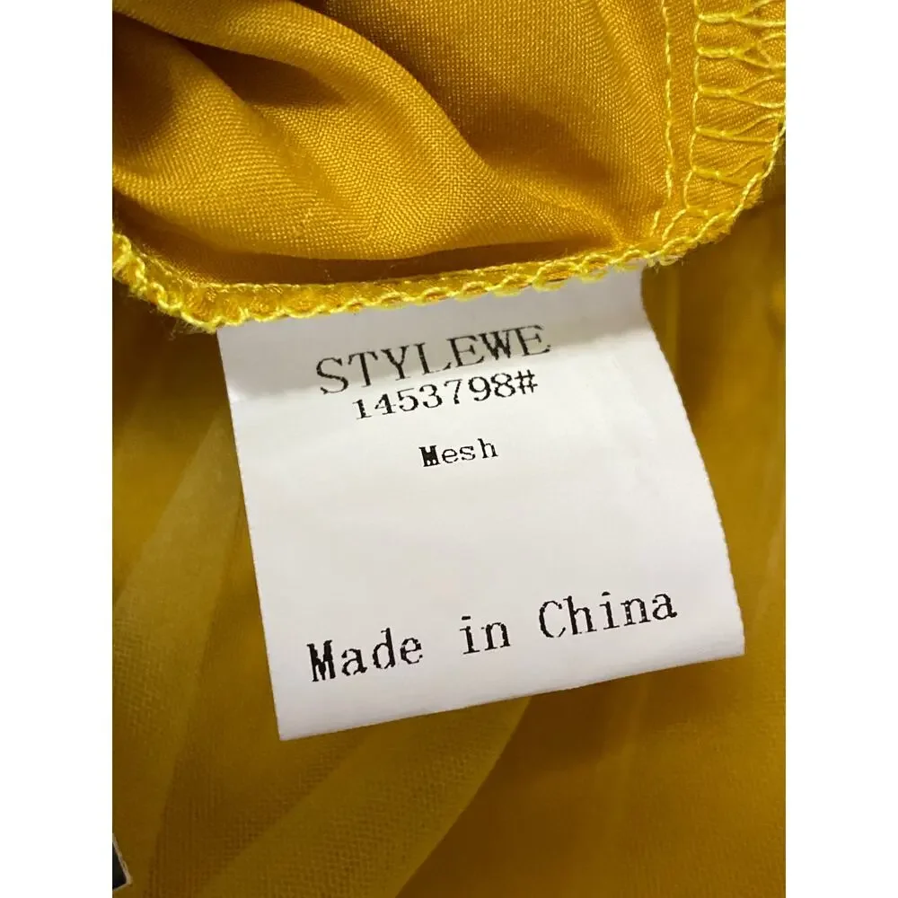 NEW Stylewe Women's Yellow Mesh Tulle High Waisted Midi A-Line Flared Skirt S